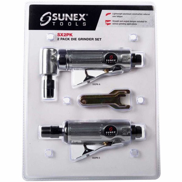 Sunex Air Die Grinder Set, 1/4in Straight & Right Angle, 20000 RPM, 4 CFM, 1/4in NPT Inlet, 2PK SX2PK